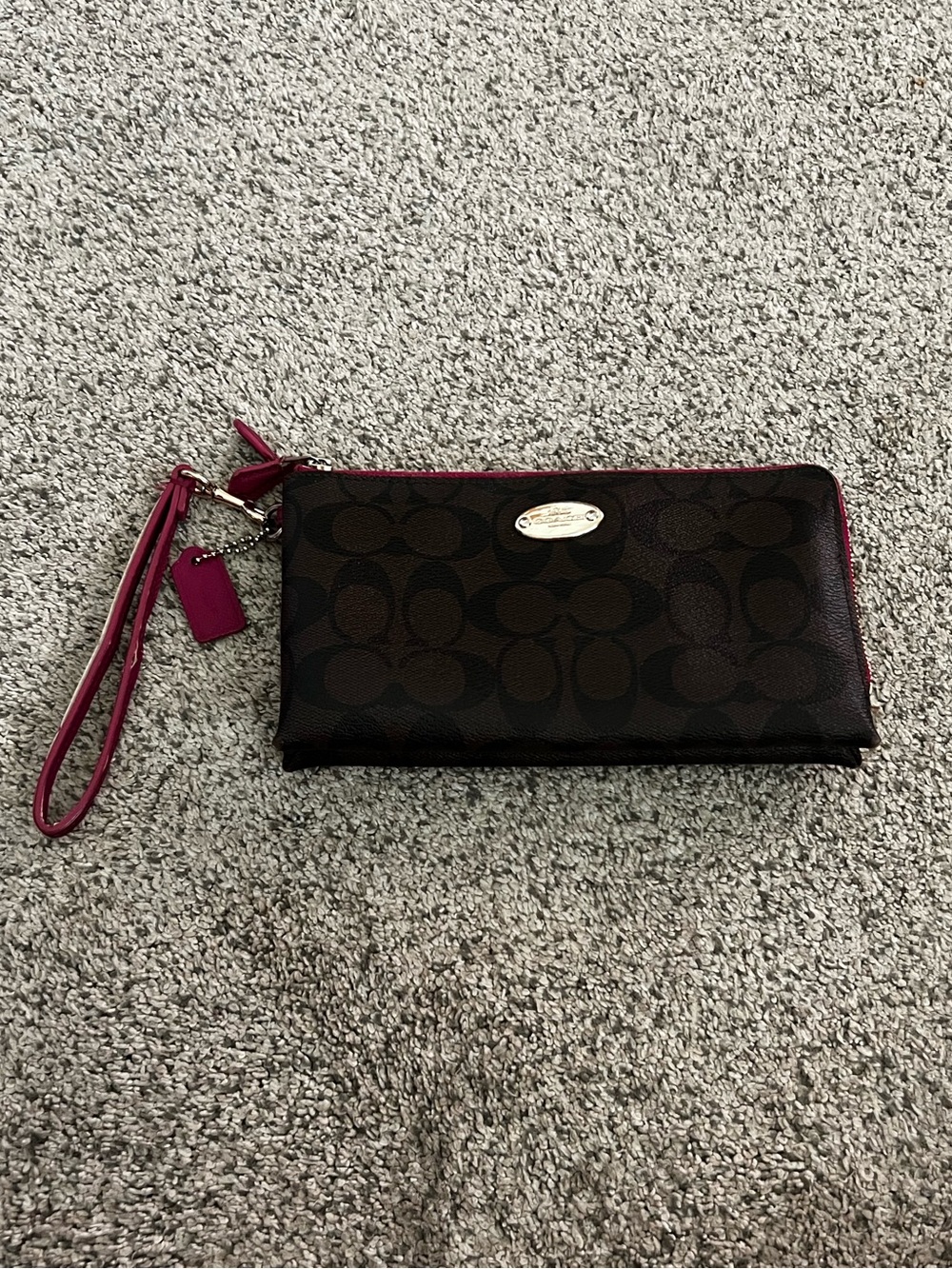 Coach F53563 Double Zip Wallet Wristlet Dark Brown and Pink